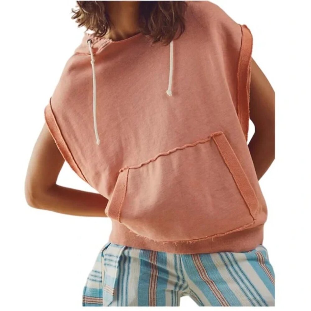 We The Free Hoodie Womens Small Orange Donny‎ Vest Pullover Cotton Kangaroo
